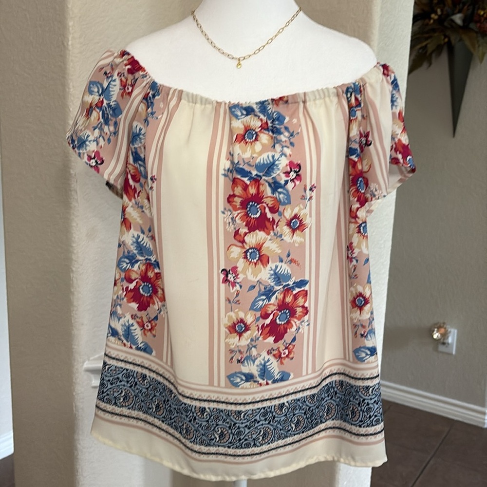 Charming Charlie off shoulder, blue floral pattern with stripes size M